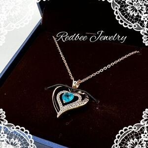 NIB Redbee 18kt GP, Rose gold over s925, "Swiss Blue Topaz"‎ CZ heart necklace!